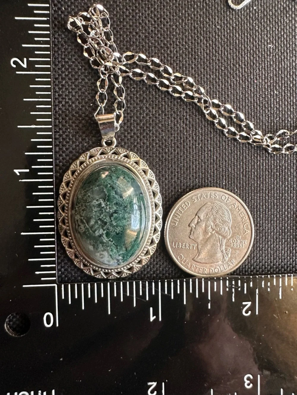 Silver-Tone Green Stone Oval Pendant Necklace - Women Jewelry - Picture 14 of 15